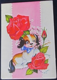 POSTAL TROQUELADA PERROS Y ROSAS